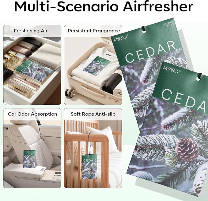 MYARO 20 Pack Cedar Scented Sachets - Woody Aroma Freshener Bags for Closet, Drawer & Car, Odor Eliminator for Clothes, Small Storage - Home Fragrance Potpourri Bags