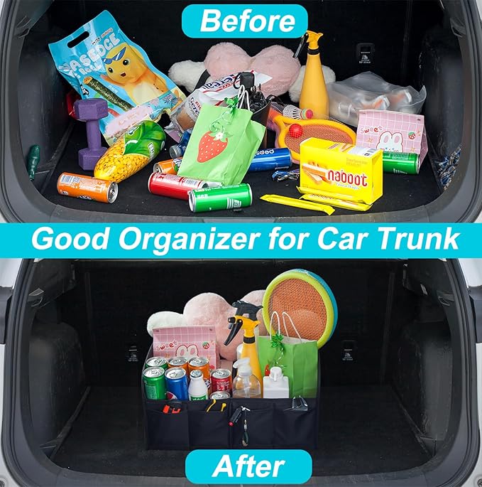 titiyiof Trunk Organizer For Suv & Sedan,Car Organizers and Storage, Waterproof Collapsible & Adjustable Straps,35L Sturdy Car Organization for Car Accessories, Tools,Sundries,2 Compartment（Black）