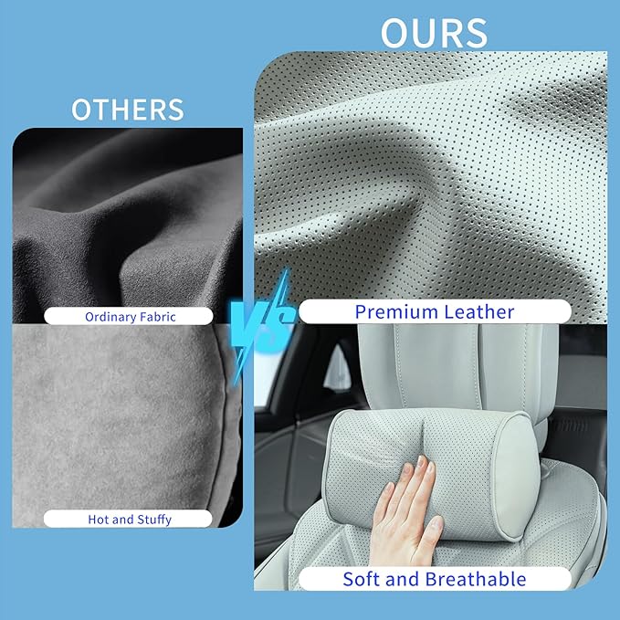 Car Headrest Pillow for Driving - Luxury Leather 100% Memory Foam, Ergonomic Neck Support - Universal Fit Head Rest Travel Pillow for Most Cars, Home & Office, Gray, 1 Pack
