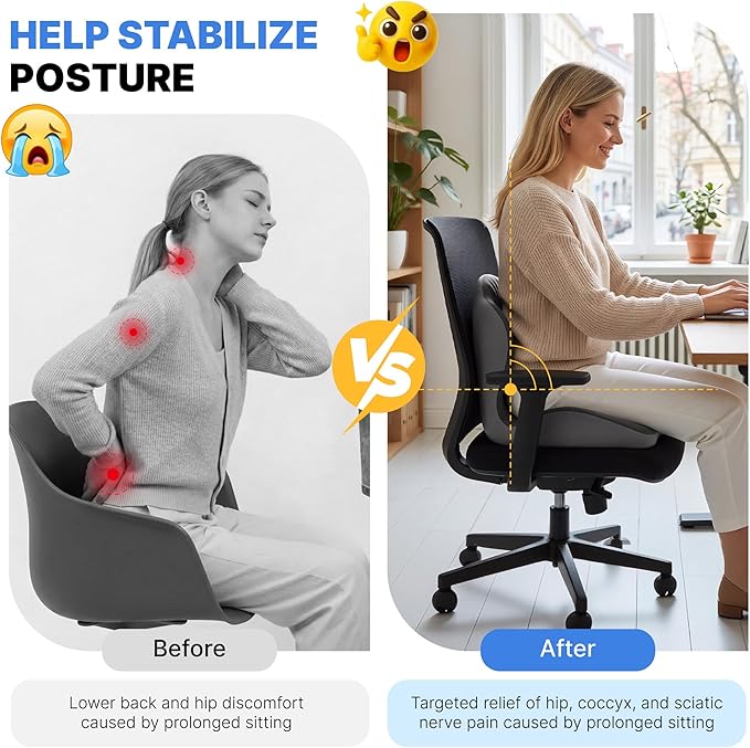 Seat Cushion, Office Chair Seat Cushions with L-Shaped Ergonomic Design, Memory Foam Seat Cushion with Coccyx Hollow, Lumbar Support Pillow & Tailbone Pain Relief for Long Sitting (Grey)