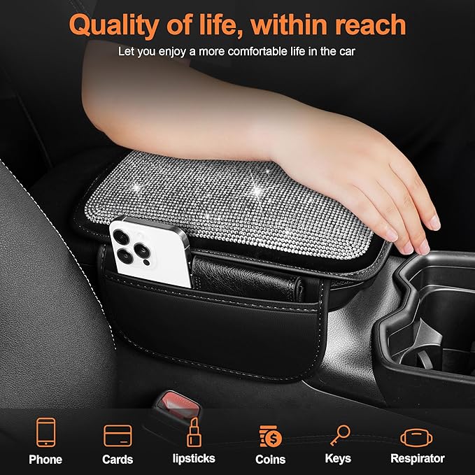 Bling Car Center Console Cover Custom Fit for Jeep Cherokee - Leather Armrest Cover with 2 Storage Pockets and Crystal Rhinestones(Black)