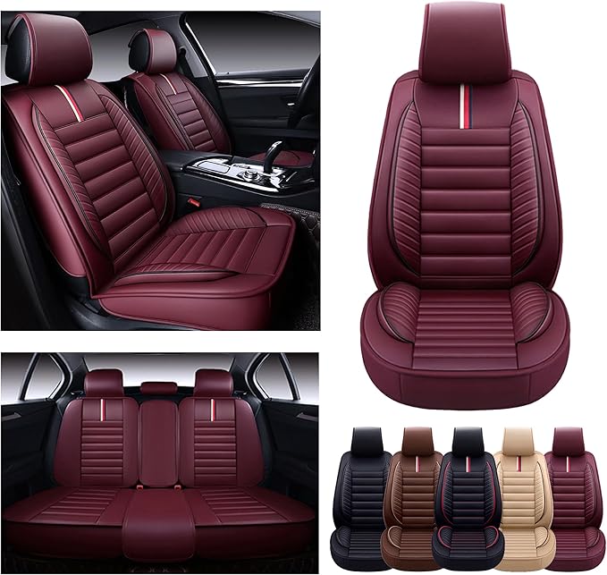 OASIS AUTO Car Seat Covers Full Set Premium Waterproof Faux Leather Cushion Universal Accessories Fit SUV Truck Sedan Automotive Vehicle Auto Interior Protector (OS-001 Burgundy)