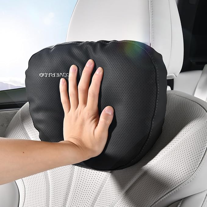 Coverado Leather Car Headrest Pillow Car Neck Pillow with Adjustable Strap, Head Support Rest Driver Relax Head Muscles Relieve Driving Fatigue, Breathable & Removable Cover, Black