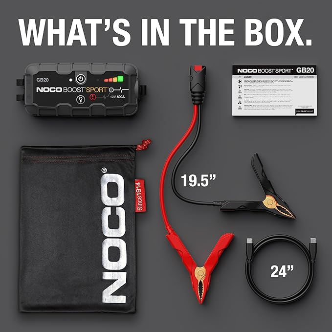 NOCO Boost GB20: 500A UltraSafe Jump Starter – 12V Lithium Battery Booster Pack, Portable Jump Box, Power Bank & Jumper Cables - for 4.0L Gas Engines