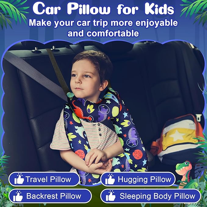 Chunful H-Shape Car Seat Pillow for Kids Car Travel Pillow for Kid Children Vehicle Sleeping Head Support Back Seat Adjustable Head Neck and Shoulder Support for Long Trips Sleeping(Dinosaur)