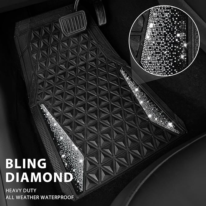CAR PASS Bling Diamond Car Mats Rubber Floor Mats Full Set Anti-Slip 3D Rhombus Waterproof Trim to Fit Liner Universal Glitter Crystal Sparkly Shining Rhinestone Girl Women SUV Sedan Van, Black Silver