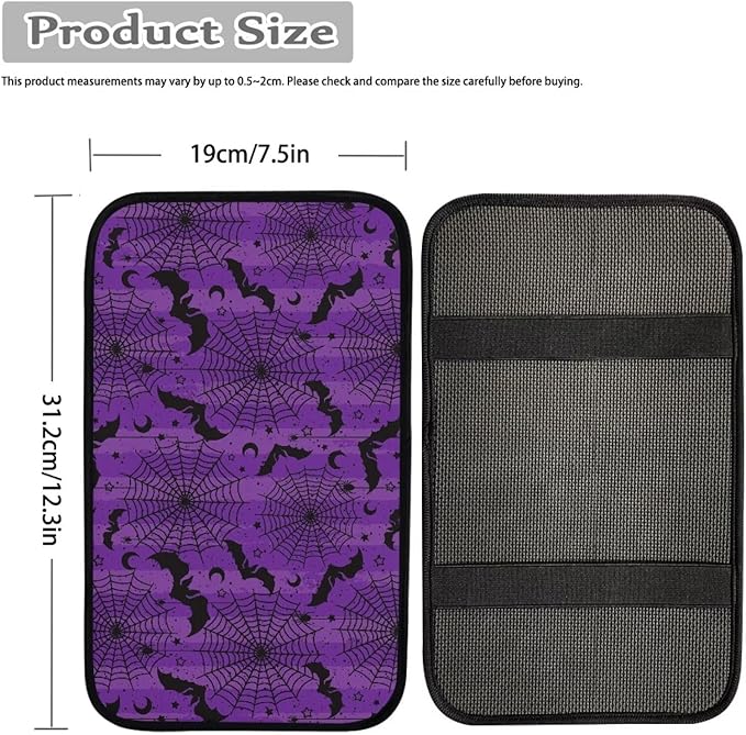 Dreaweet Center Console Cover Purple Arm Rest Cover Pad Halloween Car Accessories Decor Universal Anti-Scratch Car Armrest Storage Box Mat Easy to Install,Spider Web Bat