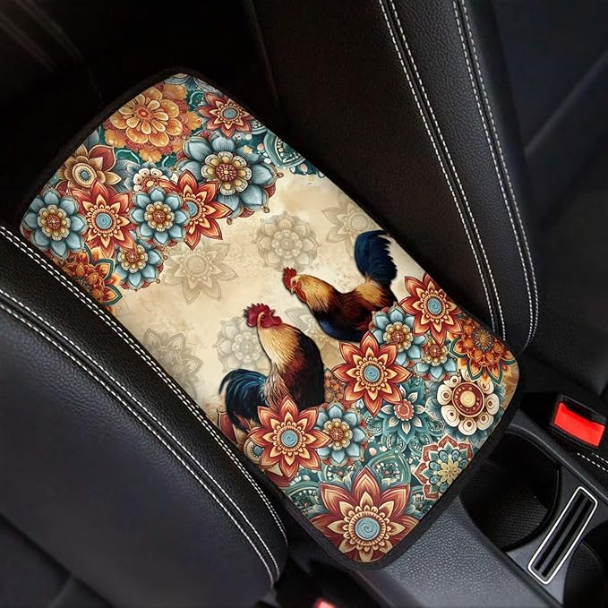 Suobstales Boho Mandala Rooster Chicken Print Car Armrest Pad Soft Center Console Arm Rest Protector Cover Universal Car Interior Accessories Decoration
