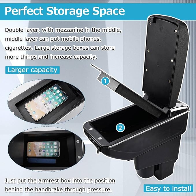 T TGBROS Car Armrest Box for 2002-2008 Honda Fit Jazz Hatchback(Not Fit The Sedan Model) Storage Center Console Double Layer 7 USB Ports Armrest Organizer Box (All Black)