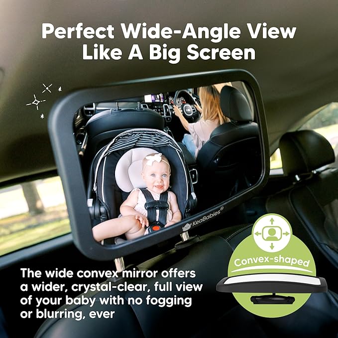 KeaBabies Baby Car Seat Mirror - Wide Shatterproof Backseat Infant Car Mirror for Baby Rear Facing, Crystal Clear View, Travel Accessories, Easy Install & Adjust for Removable Headrest (Matte Black)