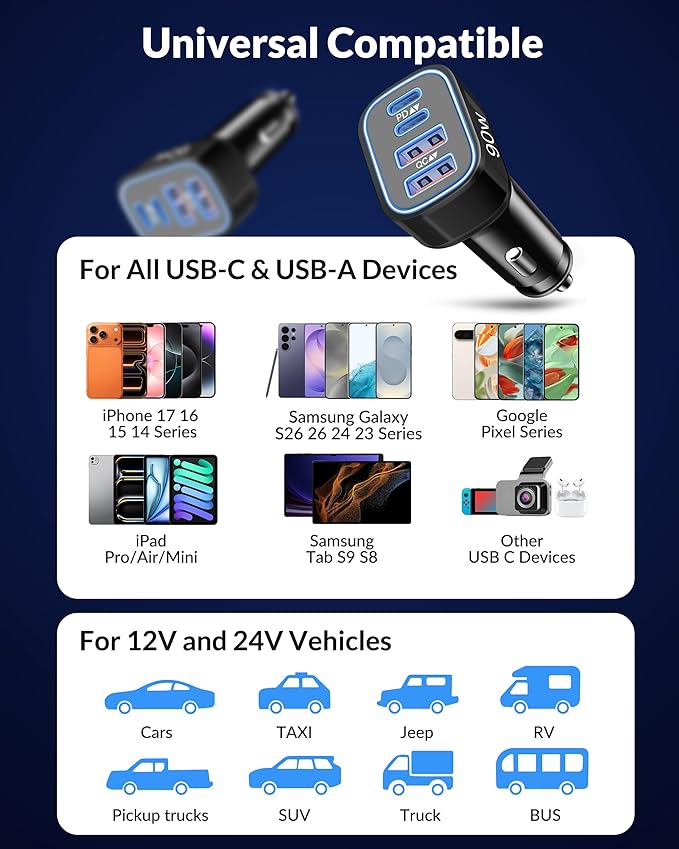 [4 in 1] USB C Car Charger, 4-Port 90W Super Fast Charging Cigarette Lighter USB Charger Multiport Car Phone Adapter Accessories for iPhone 17 16 15 14 13 12 Pro Max, iPad, Galaxy S26 S25 S24, Android
