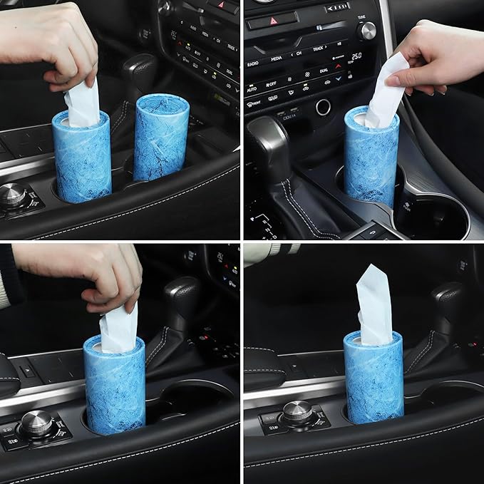SINGARO Car Tissue Holder, 4 Pack Car Cup Holder Facial Tissues with Travel Tissue Bag, Quick and Convenient Flower Combination Box(4 Canisters/200 Tissues) Blue