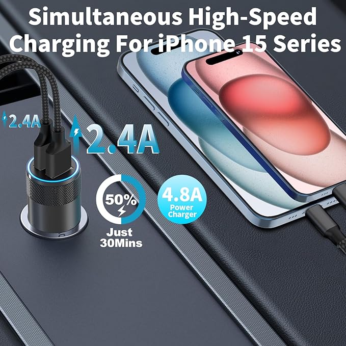 [Apple MFi Certified] iPhone Fast Car Charger, Braveridge 2Pack 4.8A Dual USB Car Power Cigarette Lighter USB Car Carplay Charger with Lightning Braided Cable for iPhone 14 13 12 11 Pro XS XR X 8 iPad