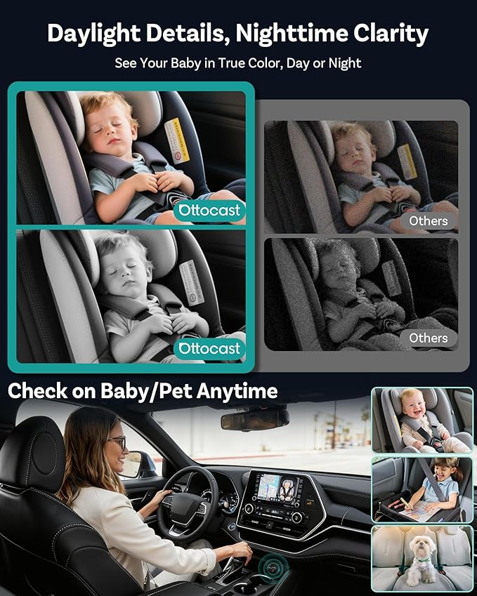 OTTOCAST Cabin Care Baby Car Camera with Wireless CarPlay, 1080P HD Rear Seat Monitor on Car Screen, No-Glow Night Vision, Split Screen Display, Safer Driving for Parents and Baby, 150° Wide Angle