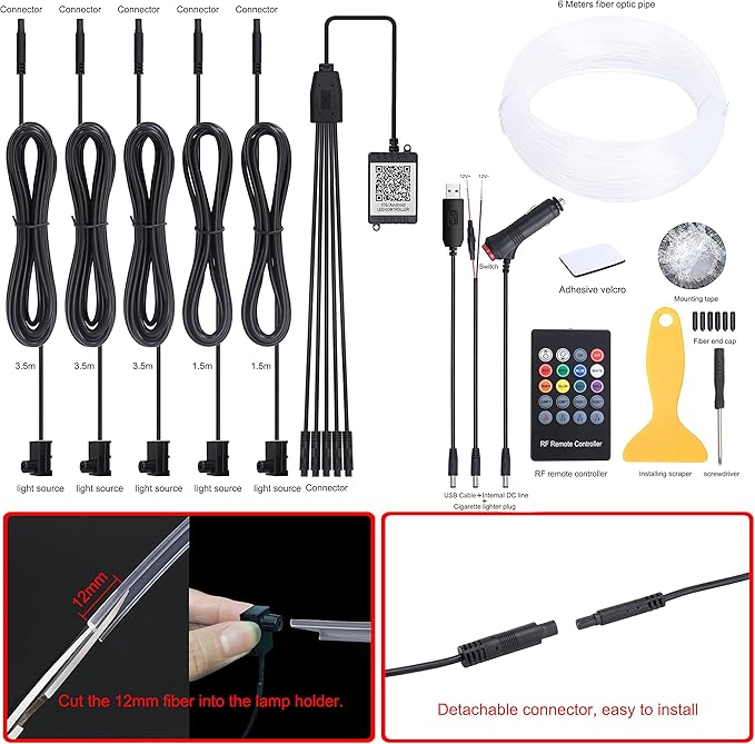 Car Atmosphere Light Kit 6m Fiber Optic RGB Multicolor Sound Active Music Sync Memory Function RF Remote Controller + Bluetooth APP Control 64 Colors USB Car Interior Ambient Lighting Kit 12V