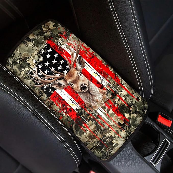 Hunting Deer Flag Print Car Center Console Cover,Universal Armrest Cover Pads for Most Vehicles,SUV
