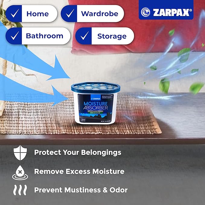ZARPAX Moisture Absorber Activated Charcoal 10.5 oz/300g | Removes Moisture, Damp, Humidity & Odors | Odor Absorber | Moisture Trap for Bathroom, Closet, Kitchen & Small Spaces | Set of 6