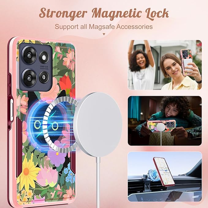LISEVOfor Moto G Power 2025 Case - for Motorola Moto G Play 2025 Case Compatible with MagSafe Women Cute Girls Magnetic Protective Phone Cover Girly Cat Flower Floral Heavy Duty Shockproof