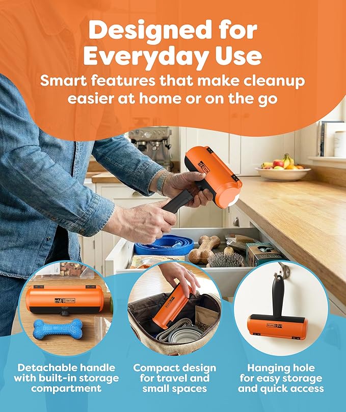 Triton Pet Hair Removal Tool w/Fur Trapping Compartment, 60% Smaller Storage Size, Reusable Shedding Roller, Cat and Dog Hair Remover for Car, Furniture, Carpet, Couch (Orange)