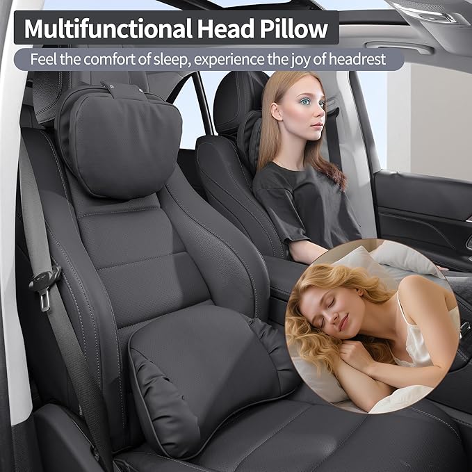 Car Headrest Pillow for Driving, Dual-Sided Leather Design Neck Pillow, Breathable Softness Neck Support, Universal Fit Head Rest Travel Pillow, Black, 1 Pack