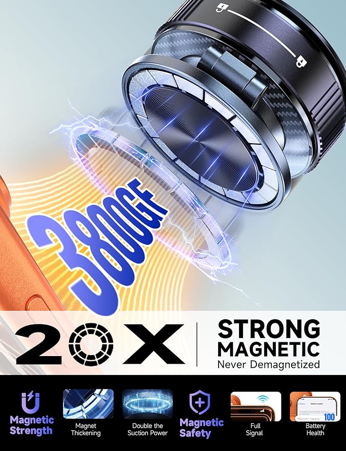 Vacuum Magnetic Phone Holders for Your Car [105+LBS Suction & 3800gf Magnetic] Magsafe Car Mount, 360° Adjustable Car Phone Holder Mount for Windshield/Mirror/Kitchen/Gym for iPhone & Android