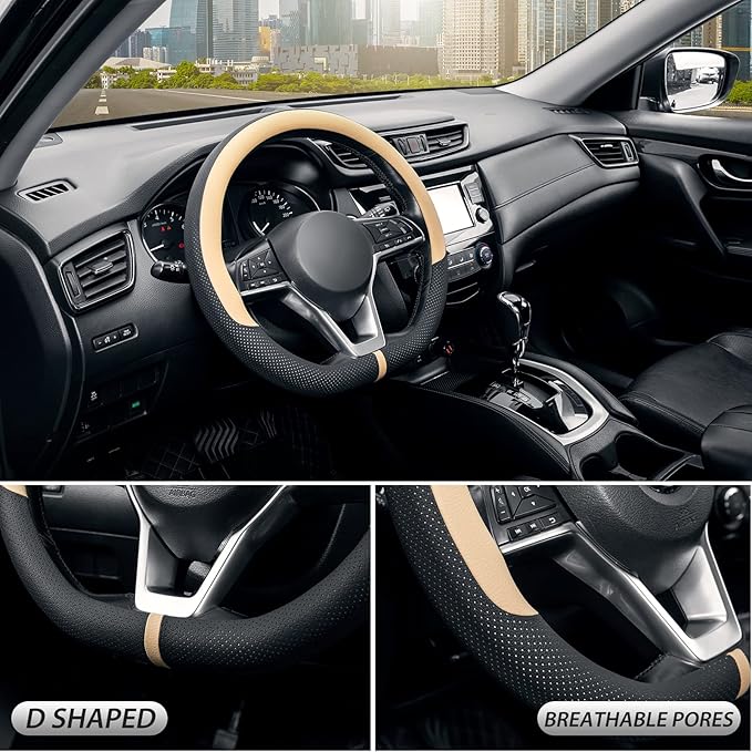 SEG Direct Flat Bottom Steering Wheel Cover Breathable, D Shaped Car Wheel Cover 14 1/2-15 in. (37-39 cm), Black Beige Microfiber Leather