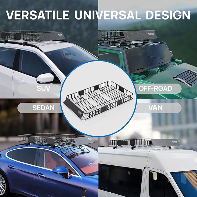 TUFFIOM 64"x 39"x 6" Extendable Rooftop Cargo Carrier Basket, Universal Steel Roof Rack Basket w/Net+Storage Bag+Straps, Heavy Duty Car Top Rack Luggage Holder Carrier for SUV Car Truck Van