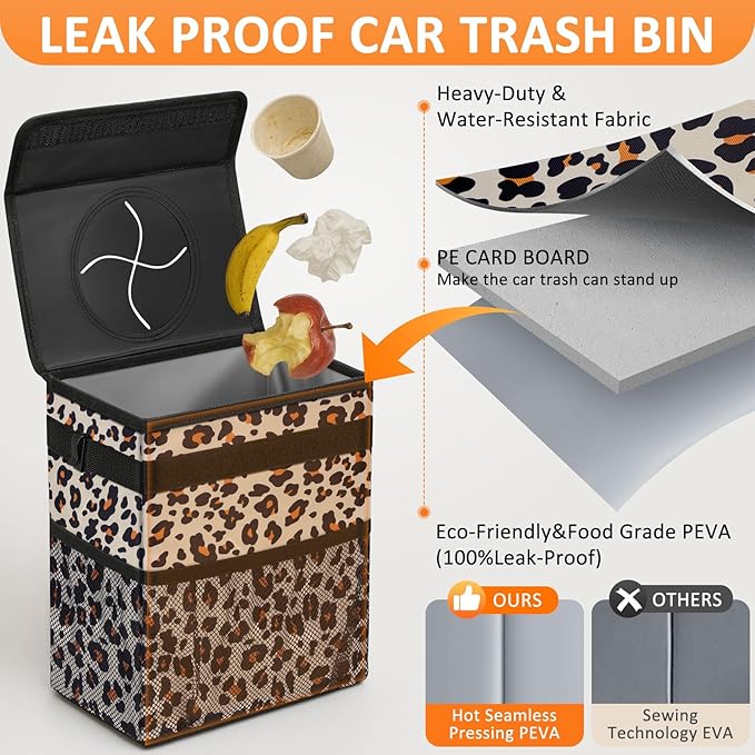 Vankor Cute Car Trash Can, Car Accessories for Women Interior Can Trash Bag Hanging Automotive Garbage Cans Leopard Pattern