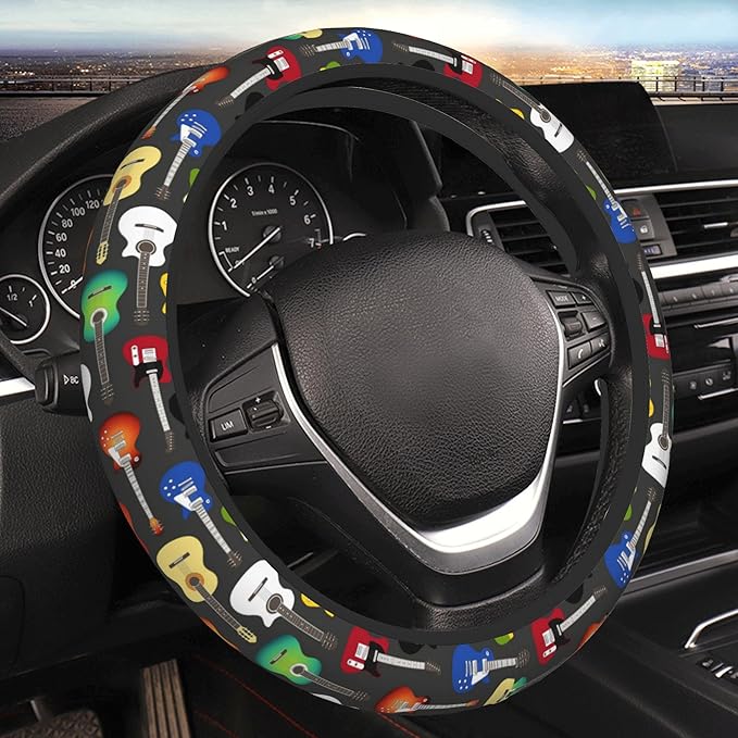 Musical Car Steering Wheel Cover for Women Acoustic Electric Guitars Men Stretch Cloth Anti-Slip Wrap Protector Case Fit Universal Auto Accessories Decor Sweat Absorption 14-15 Inch