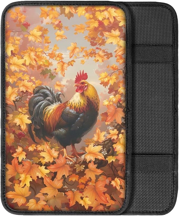 Suobstales Rooster Chicken Maple Leaves Print Car Armrest Pad Thanksgiving Decoration Soft Center Console Arm Rest Protector Cover Universal Car Interior Accessories Decoration