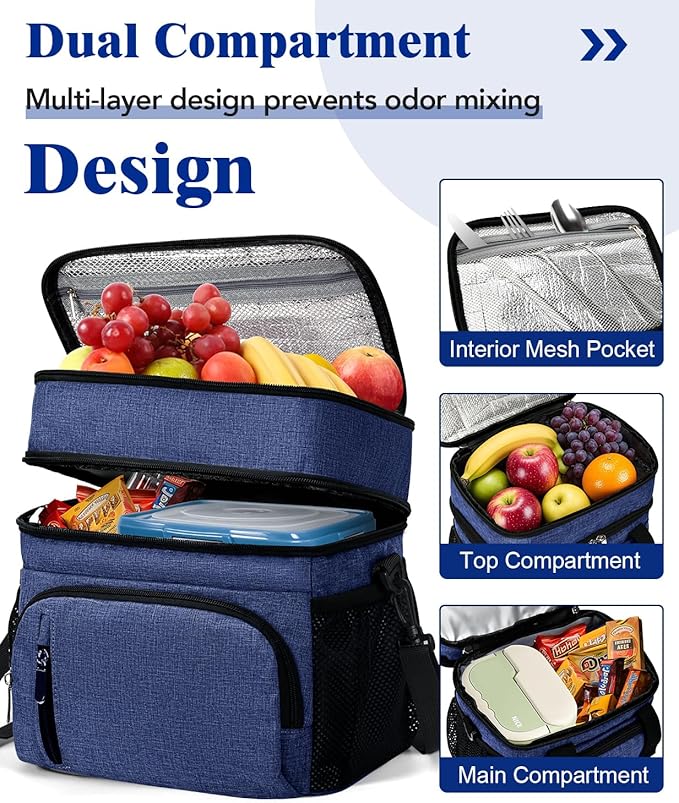 Insulated Lunch Bag for Men & Women, Double Leakproof Lunch Box Soft Cooler Tote with 5 Pockets, 600D Oxford, EVA Lining, Adjustable Strap for Work, Picnic, Beach&Travel-Navy Blue