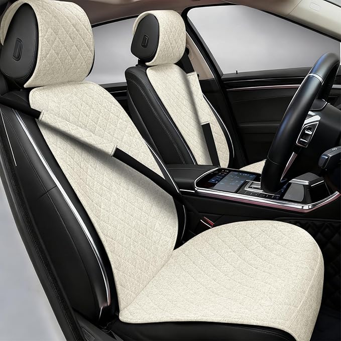 2PCS Linen Car Seat Covers Front Seats,Breathable Cloth Fabric Car Seat Protector - Universal Cloth Seat Covers Fit for Cars, Vans, SUVs, Trucks and for All Seasons - Beige