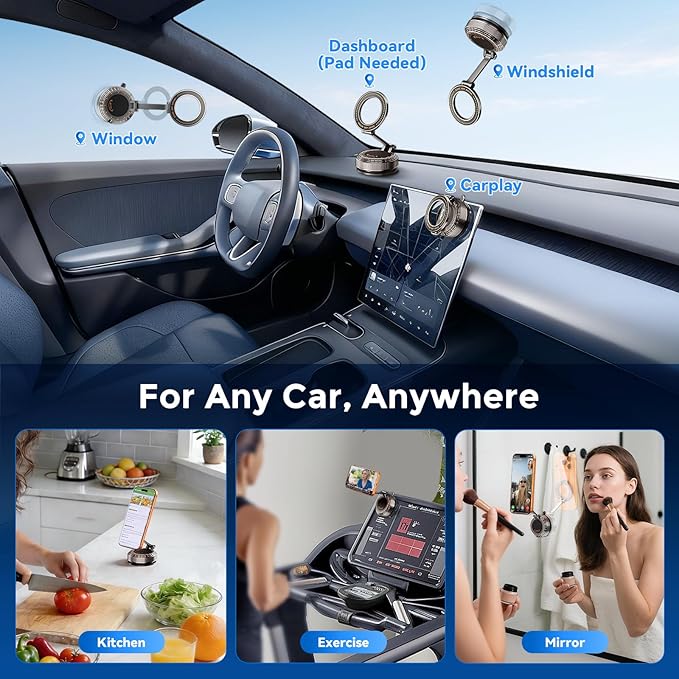 2026 Upgraded Metal Base Vacuum Magnetic Car Phone Holder, 360° Rotatable & Ultra Secure, Super Strong Suction for MagSafe iPhone Android Phone Mount for Car Gym Mirror