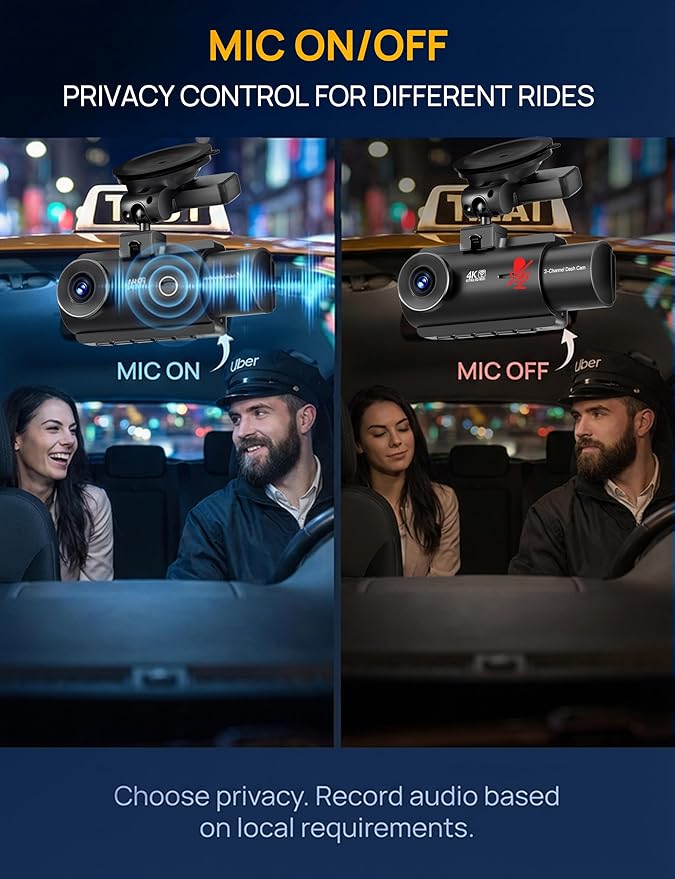 QCONTROL® Rideshare/Taxi True 4K 3-Channel Dash Cam Front and Rear Inside, 4K Front + 1080P IR Inside + 1080P Rear, 6G WiFi App, GPS Speed/Route Timestamp Overlay, 64GB Included