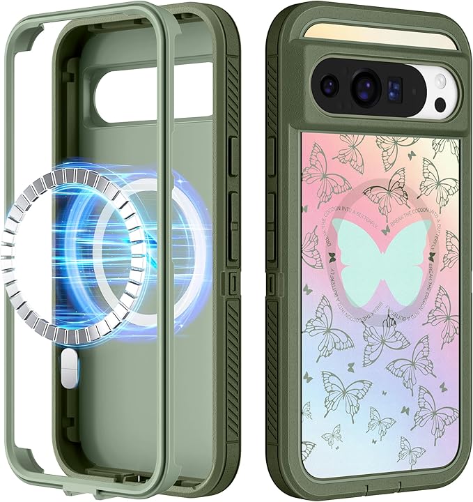 for Google Pixel 9 Pro XL Case - Compatible with MagSafe Women Cute Girls Magnetic Protective Cover Girly Blue Butterfly Design Heavy Duty Shockproof Phone Case for Pixel 9 Pro XL 6.8"