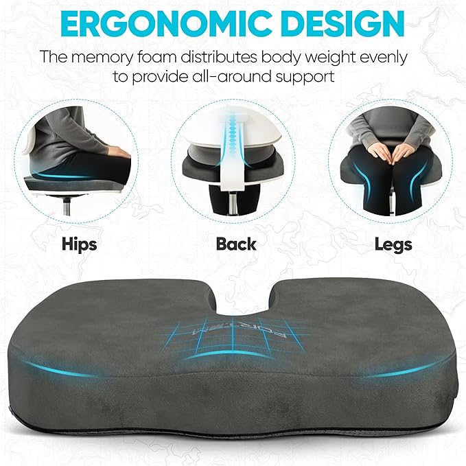 FORTEM Seat Cushion, Office Chair Cushion, Desk Chair Memory Foam, Sciatica Coccyx Tailbone Pain Relief, Pressure Relief, Sitting Pad, for Long Gaming & Sitting, Washable Cover, Non Slip
