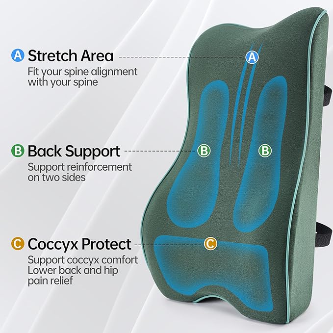 Lumbar Support Pillow for Office Chair, Back Support Pillow with Memory Foam, Relieves Back Pain, Removable Washable Cover & Adjustable Strap, for Car/Gaming Chair,Gift-Dark Green