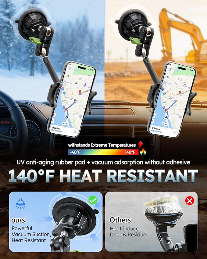 Heavy Duty Truck Phone Mount, Aluminum 360° Rotating Anti-shake Suction Cup Phone Mount, 14.5" Long Arm Metal Windshield Phone Holder for Car Truck Semi, Fits Thick Cases F-150 Silverado RAM Kenworth