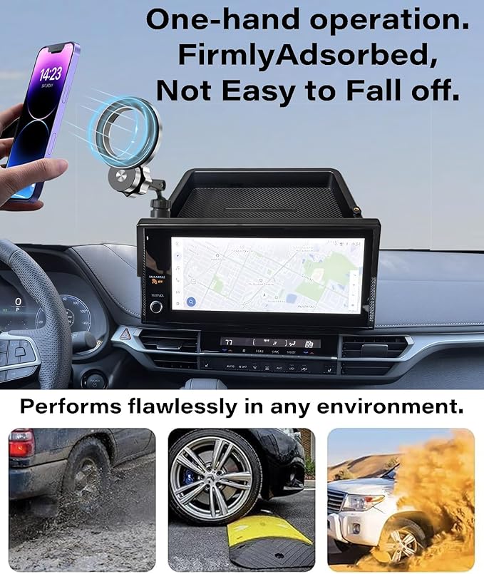 Car Phone Holder for 2025 2026 Toyota Sienna Accessories Apply to 8/12.3 Inch Screen Fixed Clip Magnetic Cell Phone Mount Hands-Free 360 Degree Rotation with Dashboard Storage Tray