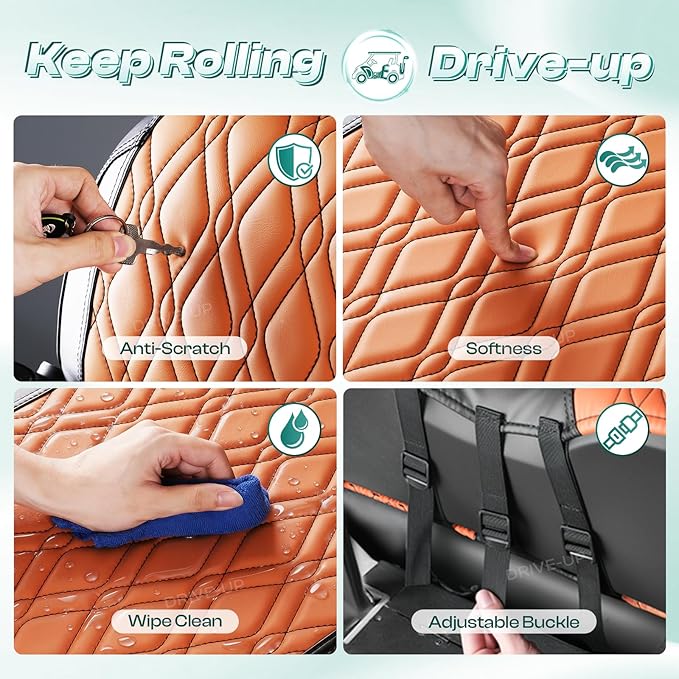 DRIVE UP Club Car Precedent Diamond Seat Covers, Brown Diamond Cross Club Car Leather Front Seat Cover, Golf Cart Seat Covers with Black Stitching Front, Waterproof and Wipe Clean