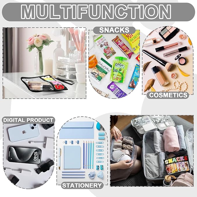 Snack Bag for Travel - Clear Chenille Varsity Letter Flat Pouch with Zipper, 12.2×8.46 inch Waterproof Clear Nylon Preppy Patch Makeup Cosmetic tote Bags for Women Girls