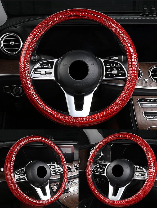Luxury Crocodile Texture Glossy Leather Car Steering Wheel Cover, New Universal 15 Inch Vehicle Steering Wheel Cover for Cars, Trucks, Suvs, Pickups Interior Accessories (Red)