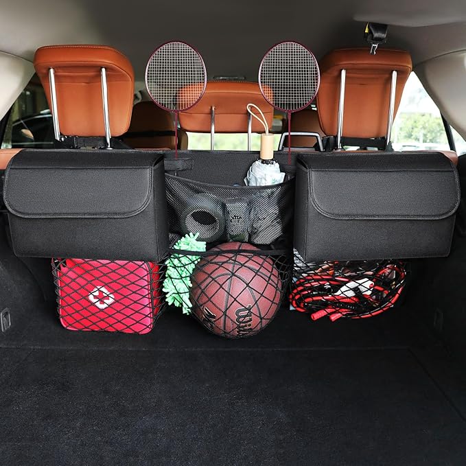Deluxe Trunk Organizer for Car Small SUV, Backseat Hanging Trunk Organizer, Waterproof Collapsible Car Storage Bag with 6 Pockets, Reinforced No-Sag Design