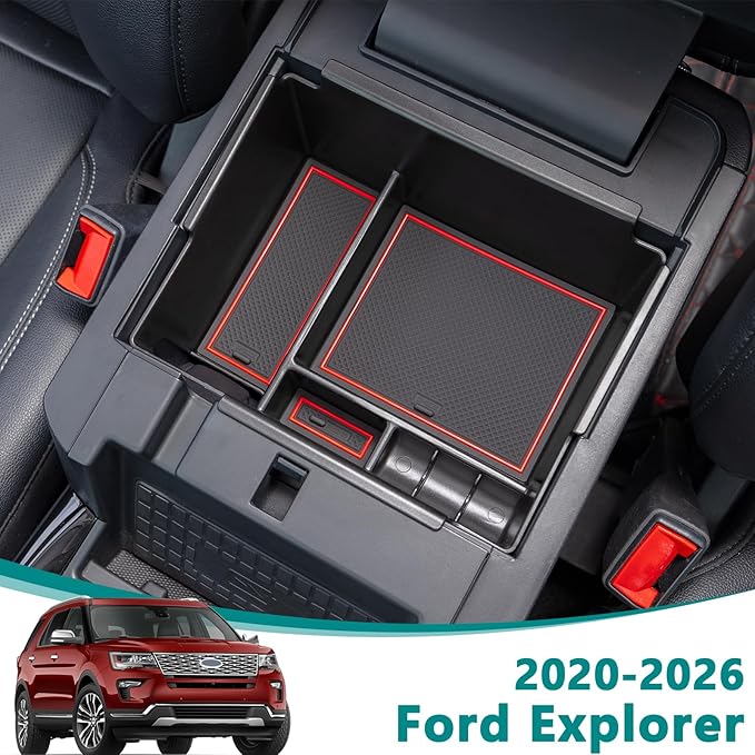 TOPINSTALL 2020-2026 Ford Explorer Console Organizer Tray - Compatible with 2020+ Ford Explorer Deep Armrest Storage Box with Coin Holder & Non-Slip Mats, Red Interior 6th Gen Explorer Accessories