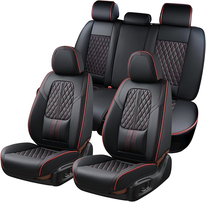Coverado Car Seat Covers Full Set, Automotive Front and Rear Seat Covers with Backrest, Nappa Leather Car Seat Protectors Waterproof, Universal for Most Vehicles,Black