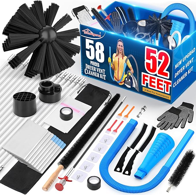Sealegend 58-Piece 52-Feet Dryer Vent Cleaner Kit, Dryer Cleaning Tools, Omnidirectional Dryer Lint Vacuum Attachment, Dryer Vent Brush, Universal Vacuum & Dryer Adapters (Blue)