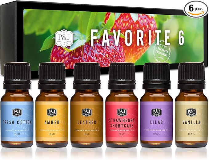P&J Fragrance Oil Favorites Set | Fresh Cotton, Amber, Leather, Strawberry Shortcake, Lilac, Vanilla for Candle Making, Soap Making Supplies, Diffuser Oils Scents