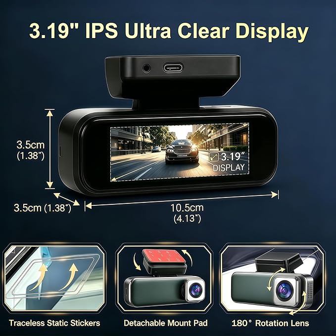 Dash Cam Front and Rear with GPS, 4K+1080P Dash Camera for Cars, 7Track Dual Car Camera with Built-in GPS Tracker, 64GB Card, 3.19" IPS Screen, WiFi, HDR, Night Vision, Parking Mode, Loop Recording