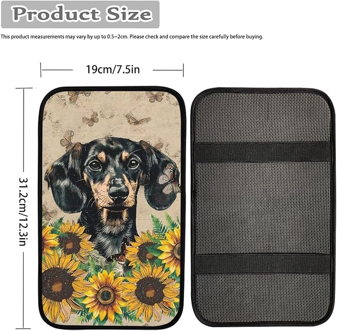 Suobstales Dachshund Sunflower Butterfly Print Car Accessories Center Console Cover Replacement, Universal Armrest Cover for Car Center Console for Truck Sedan SUV