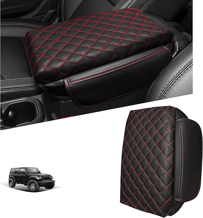 Center Console Cover for Jeep Wrangler JL 2018-2026 & Gladiator JT 2020-2026 1.2in Thickness Armrest Cover Leather Arm Rest Lid Protector Cushion Pad with Stroage Pockets Interior Accessories (Red)